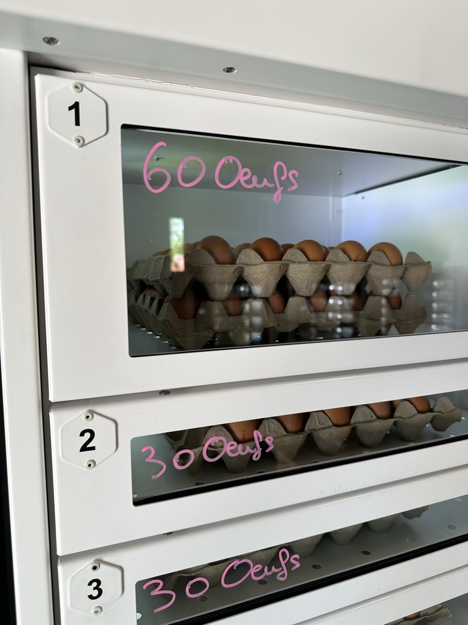 Casiers Tooprè remplis de plateaux d’œufs fermiers
