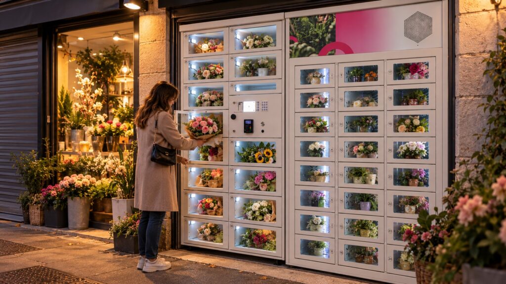 Illustration : distributeur automatique Tooprè de bouquets et plantes devant une boutique de fleuriste